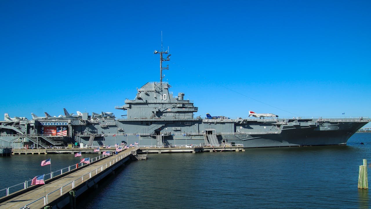 The USS Yorktown aircraft carrier docked in Charleston Harbor, USA.